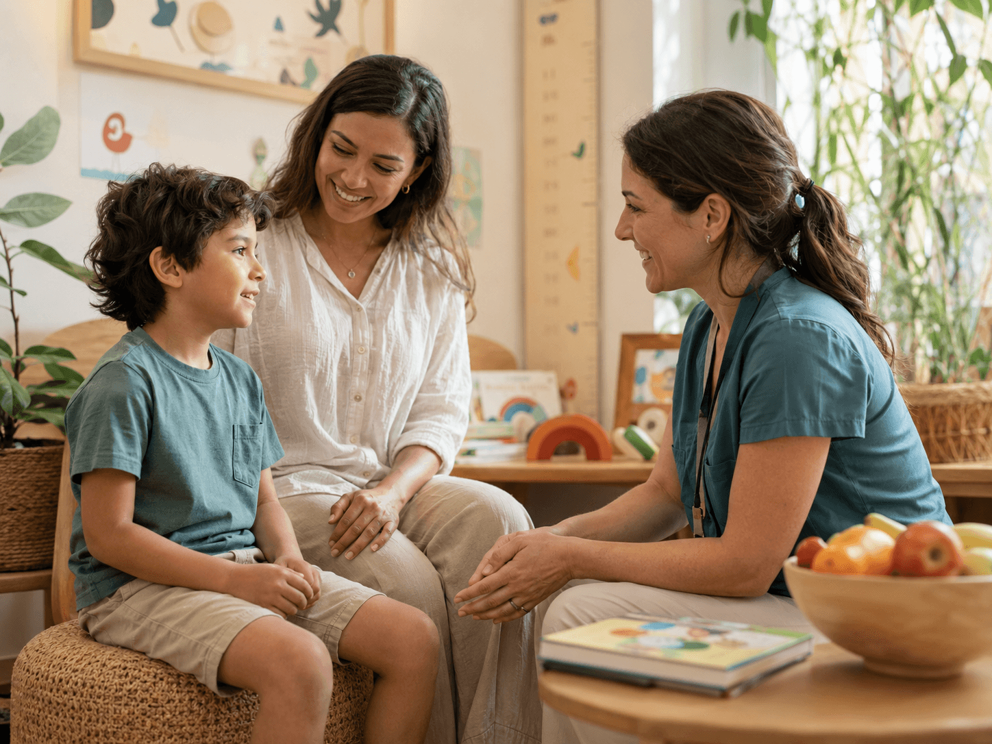 A child and parent speaking with a pediatric health professional in a warm community wellness room.