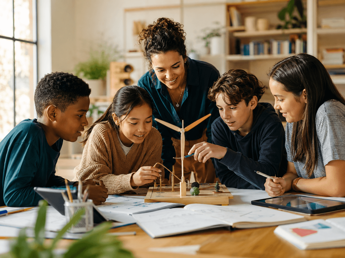 Children and an educator working together on a hands-on learning and renewable-energy project.